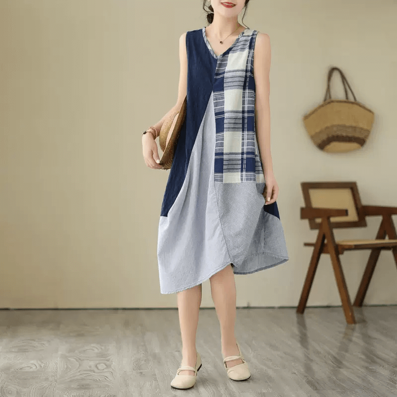 Babakud Women Patchwork Cotton Linen Midi Dress