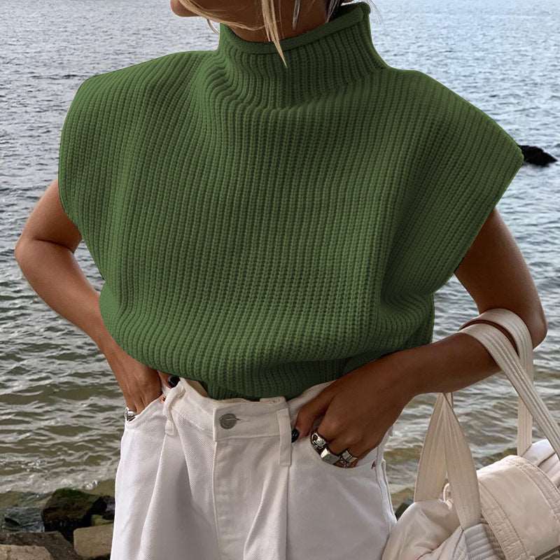 Women's solid colours turtleneck knitted sweater with short sleeves top