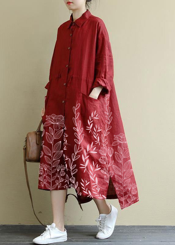 Red Linen Shirt Dress Casual Oversize Spring Maxi Dresses - SooLinen