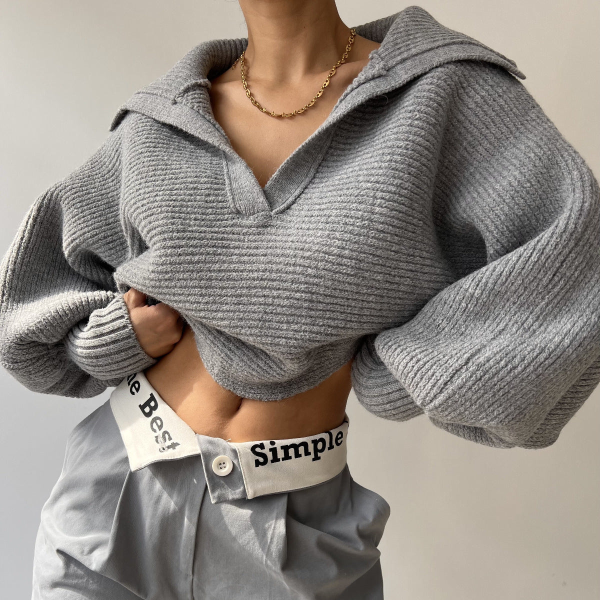 Copenhagen Crop Top Sweater,  Lazy Loose Lantern Sleeve Open Collar Women's Short Sweater loveyourmom Love Your Mom   