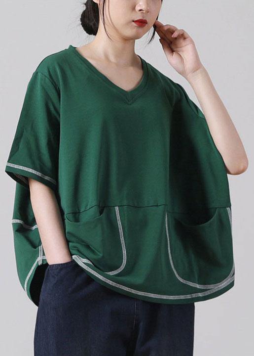 Elegant Green V Neck  Short Sleeve Cotton Shirt - SooLinen