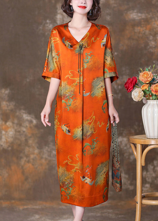 Elegant Orange V Neck Button Print Silk Long Dresses Summer OP1070 Ada Fashion