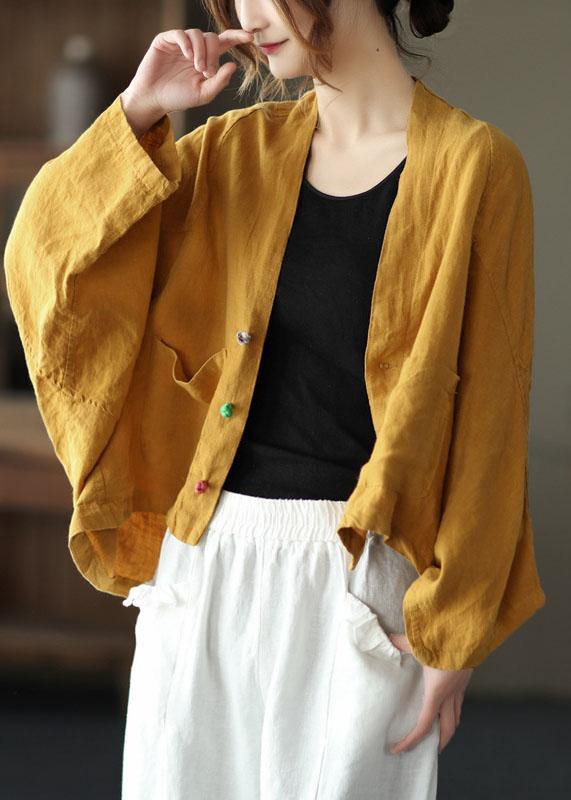 Fine Yellow Bat wing Sleeve Pockets Coat Short - SooLinen