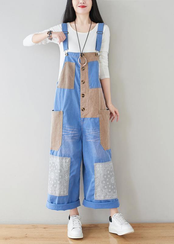 French Baby Blue Patchwork Jeans Jumpsuit Women - SooLinen