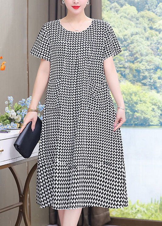 French Black O-Neck Plaid Patchwork Maxi Dresses Summer VB1052 Ada Fashion