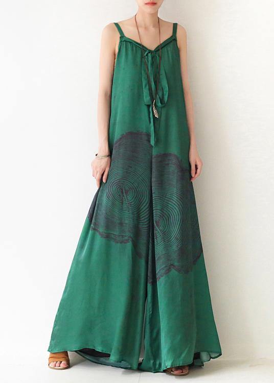 Green Print Jumpsuit Summer Strap Wide Leg Pants - SooLinen