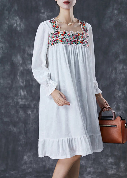 Handmade White Embroidered Silk Velour Holiday Dress Fall Ada Fashion