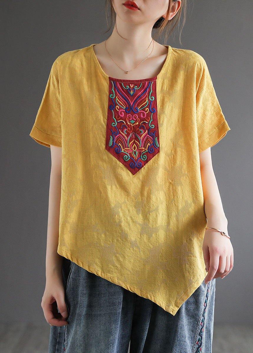 Italian Yellow Retro Embroideried Summer Shirt Short Sleeve - SooLinen