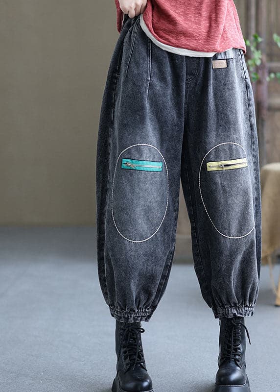 Natural Black Casual Elastic Waist Pockets Fall Denim Pants GK-LPTS210910