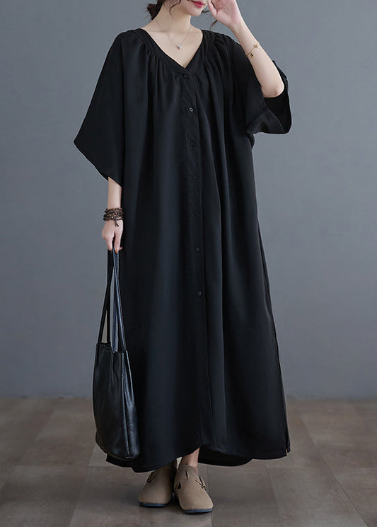 Plus Size Black V Neck Wrinkled Maxi Dresses Summer GH1033 Ada Fashion