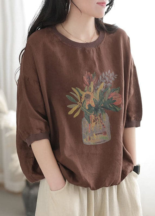 Plus Size Coffee O-Neck Oversized Print Linen Tanks Short Sleeve GK-STP220804