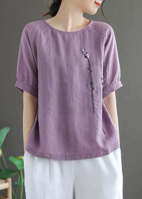 Purple Solid Floral Embroideried Linen Tops O-Neck Short Sleeve gk-STP220425