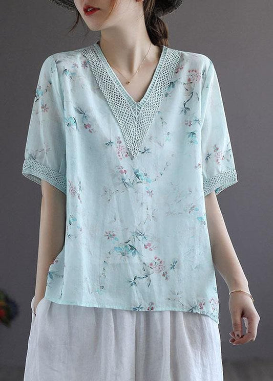 Simple Light Green V-Neck Print Floral Summer Ramie Shirt Top Short Sleeve GK-STP210708