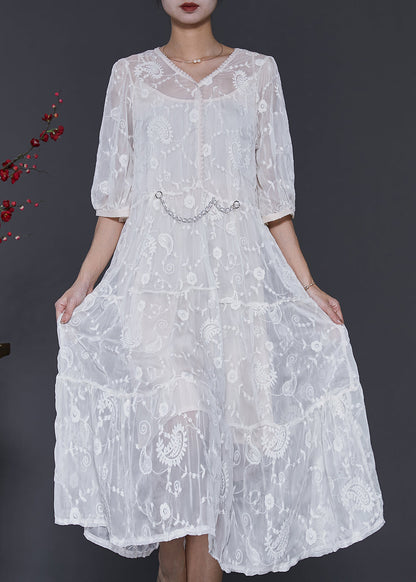 White Silk Maxi Dress V Neck Embroidered Half Sleeve SD1073 Ada Fashion