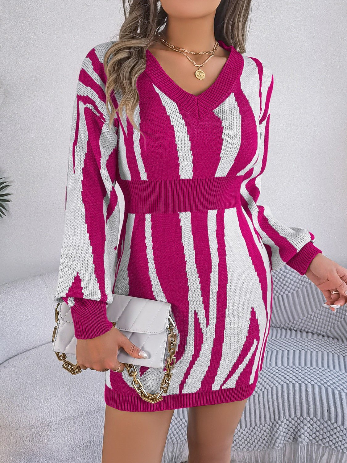 Animal Print V - Neck Long Sleeve Sweater Dress - Admiresty