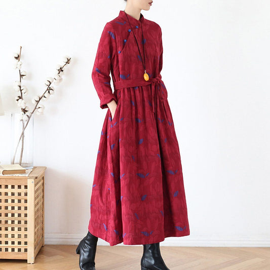 Ethnic Plate Buckle Cotton Linen Women Winter Dress