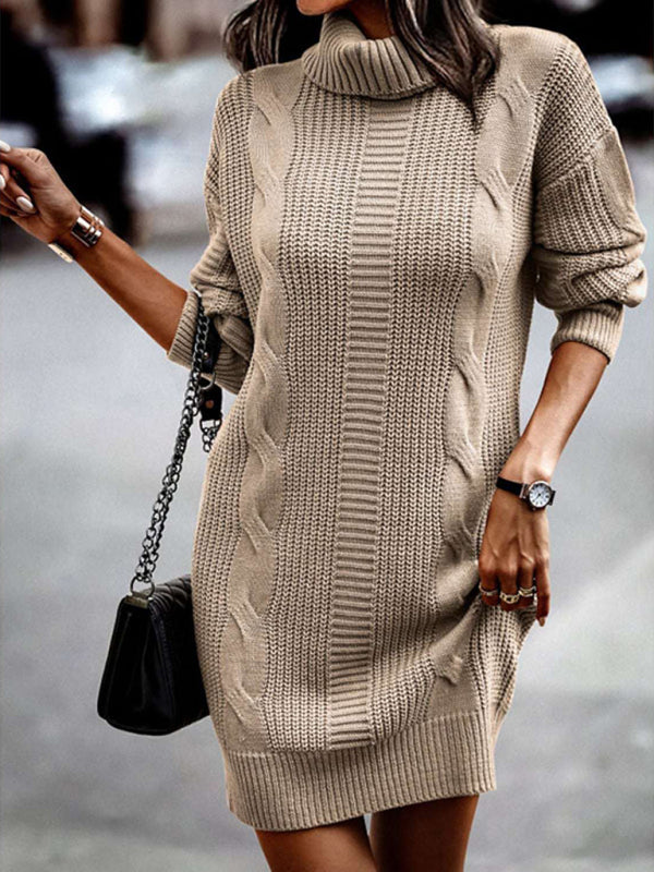 Women's Mid-Length Turtleneck Long Sleeve Sweater Dress in 5 Colors S-XL - Wazzi's Wear