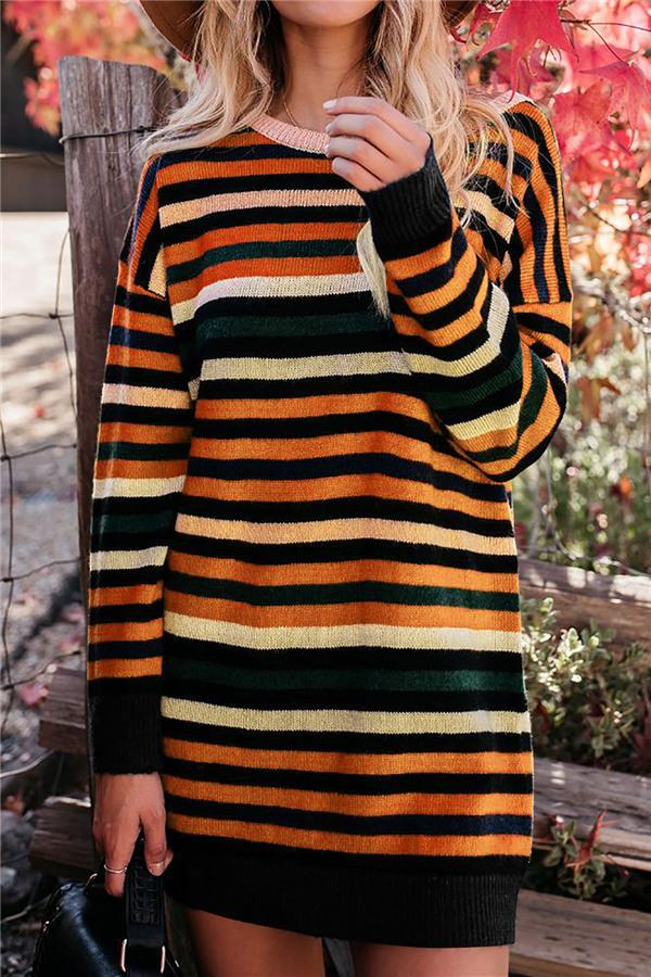 Round Neck Striped Loose Dress Pullover 5201812281308 orange L 