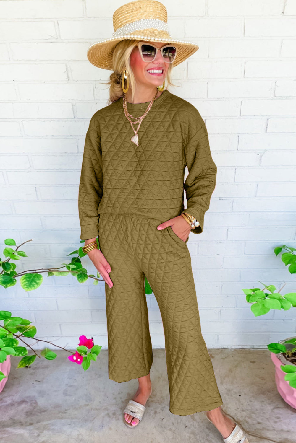 Solid Quilted Pullover and Pants Outfit - Two Piece Sets - Sunny Angela