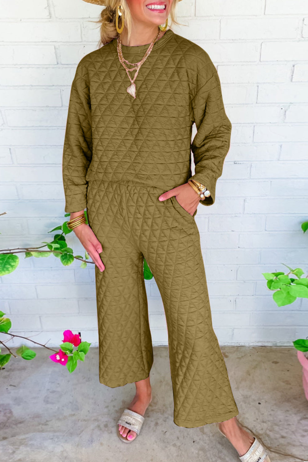 Solid Quilted Pullover and Pants Outfit - Two Piece Sets - Sunny Angela