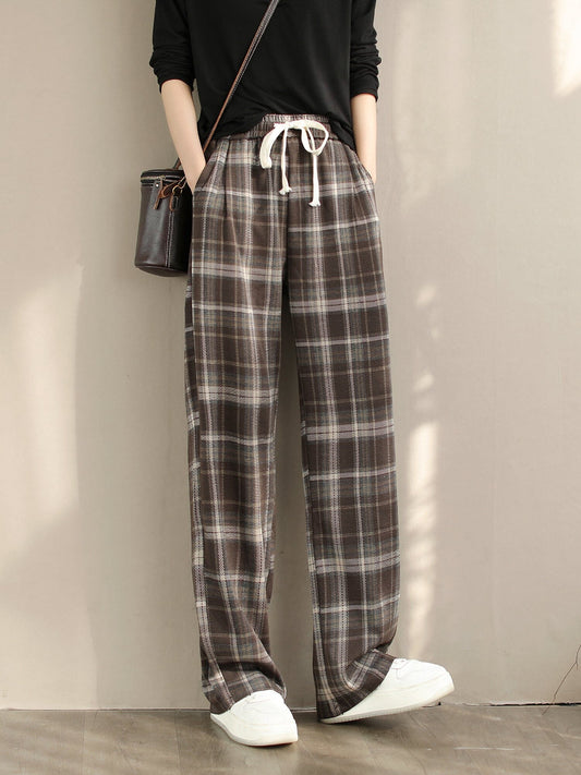 Spring Casual Minimalist Cotton Plaid Pants