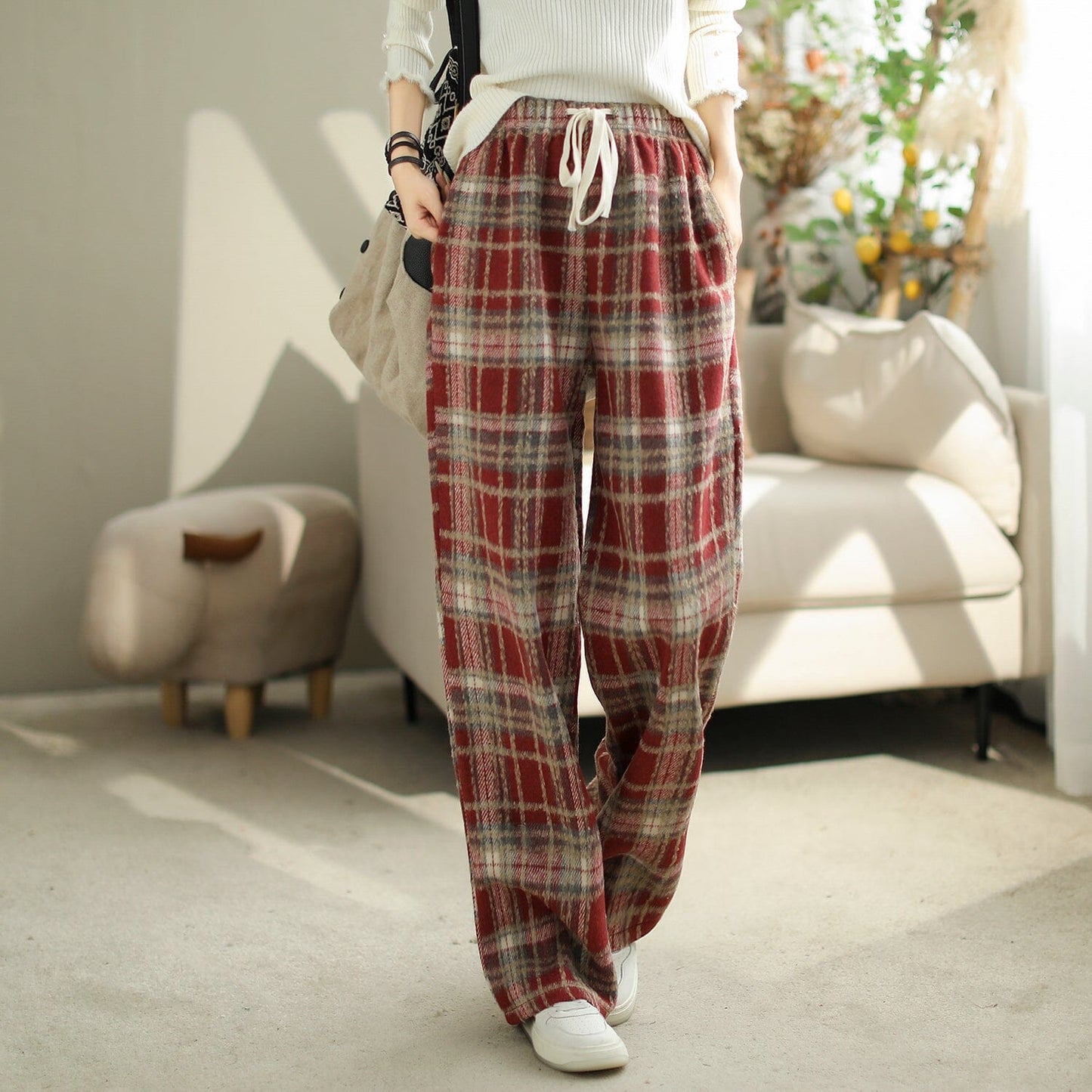 Women Autumn Casual Plaid Loose Pants