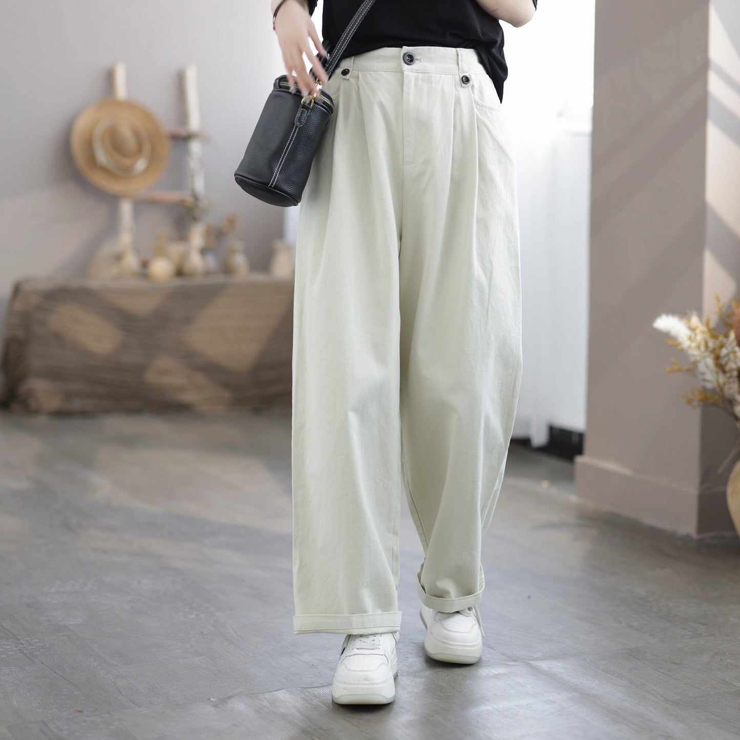 Women Casual Solid Minimalist Cotton Wide Leg Pants