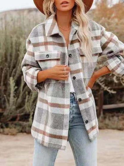 Women's Coats Woolen Plaid Button Long Sleeve Shirt Coats - Coats & Jackets - INS | Online Fashion Free Shipping Clothing, Dresses, Tops, Shoes - 24/09/2021 - 30-40 - COA2109241161