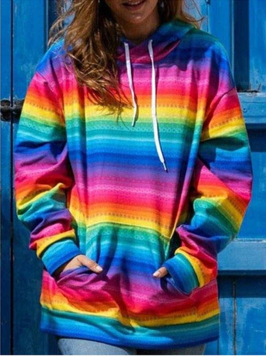 Women's Hoodies Rainbow Stripe Pocket Long Sleeve Hoody - Hoodies - INS | Online Fashion Free Shipping Clothing, Dresses, Tops, Shoes - 15/10/2021 - Color_Multicolor - HOO2110151192